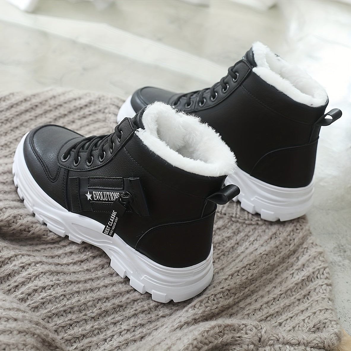 Women's Black and White Winter Slip-On Boots with Plush Lining