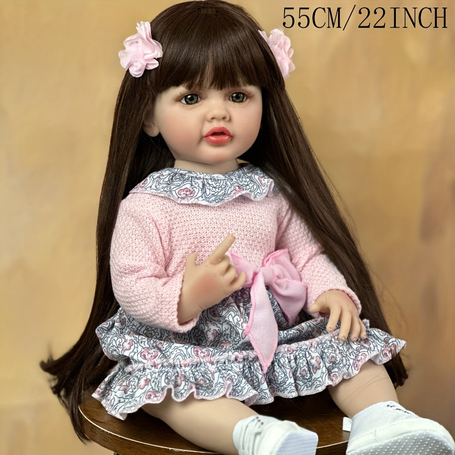 Realistic Reborn Baby Girl Doll 55cm with Long Hair Soft Vinyl Lifelike Toy