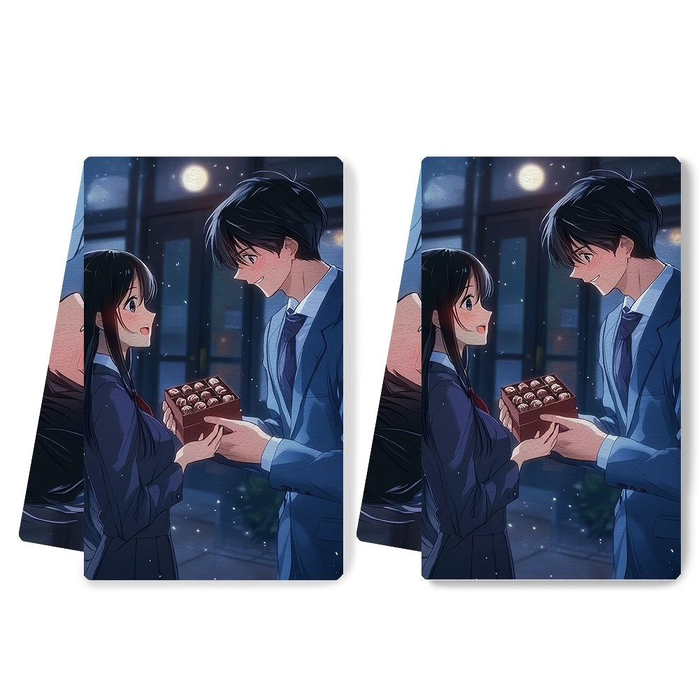 Juego de 2 toallas de cocina ultra suaves Anime Boy cabello negro traje azul regalo toallas de cocina absorbentes de chocolate
