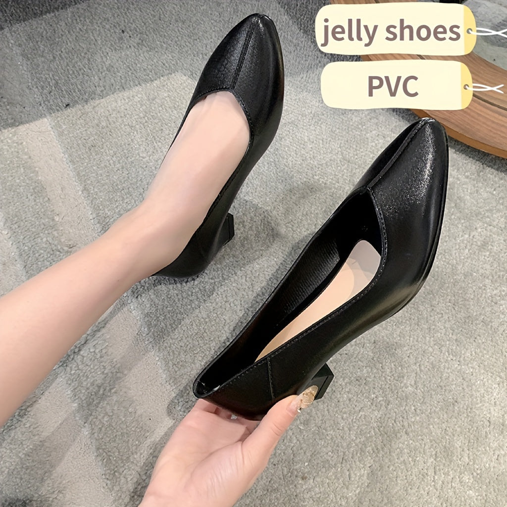 Women's PVC Chunky Heel Pumps with Pointed Toe and Slip-On Design