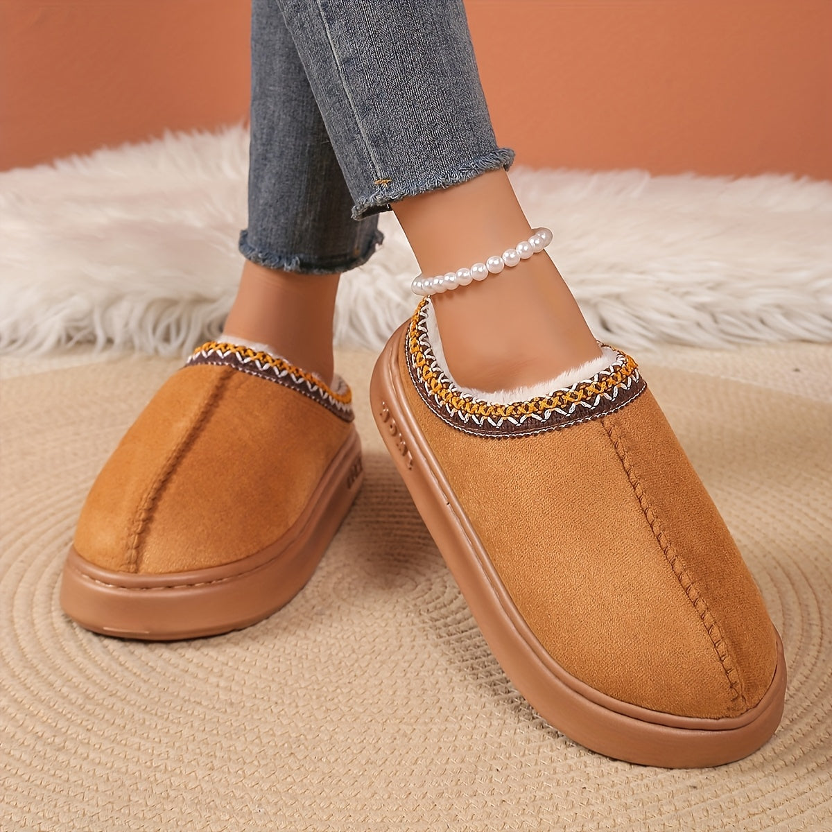 Unisex Plush Winter Slippers Soft Fabric Indoor Outdoor House Shoes Black