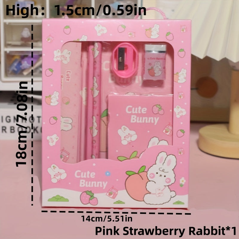 Cartoon Handheld Stationery Set for Students with 2 Pencils Ruler Eraser Notebook in 4 Colors