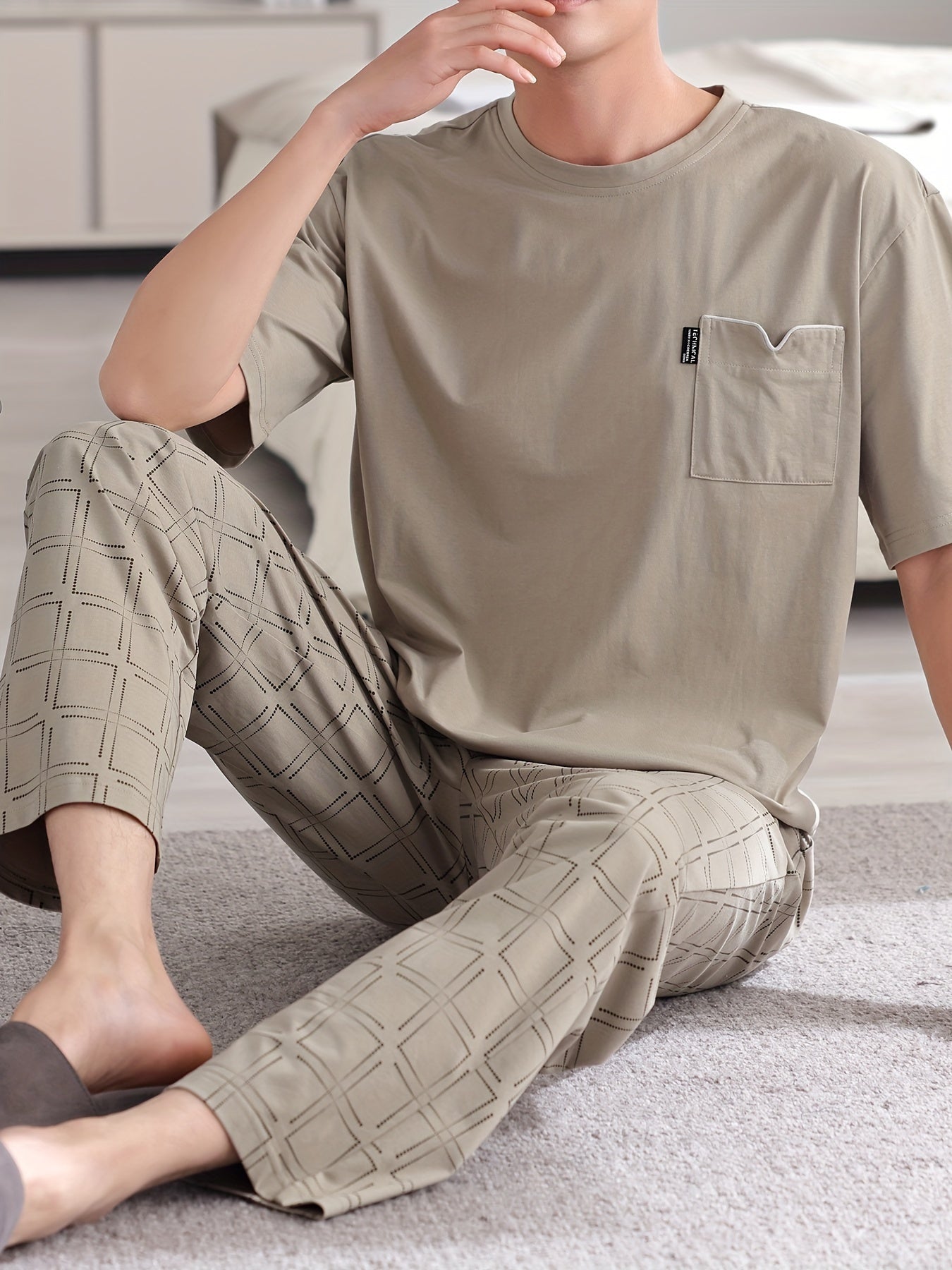 Conjunto de pijama de algodón de talla grande para hombre, manga corta, estampado geométrico, ropa de descanso