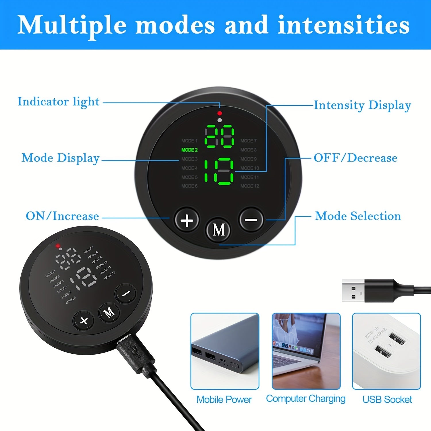 Yashirin va stimulyatorli ko‘krak sohasini tonlash uchun ko‘k rangli belbog‘ va stimulyator, qayta tiklanadigan USB zaryadlash