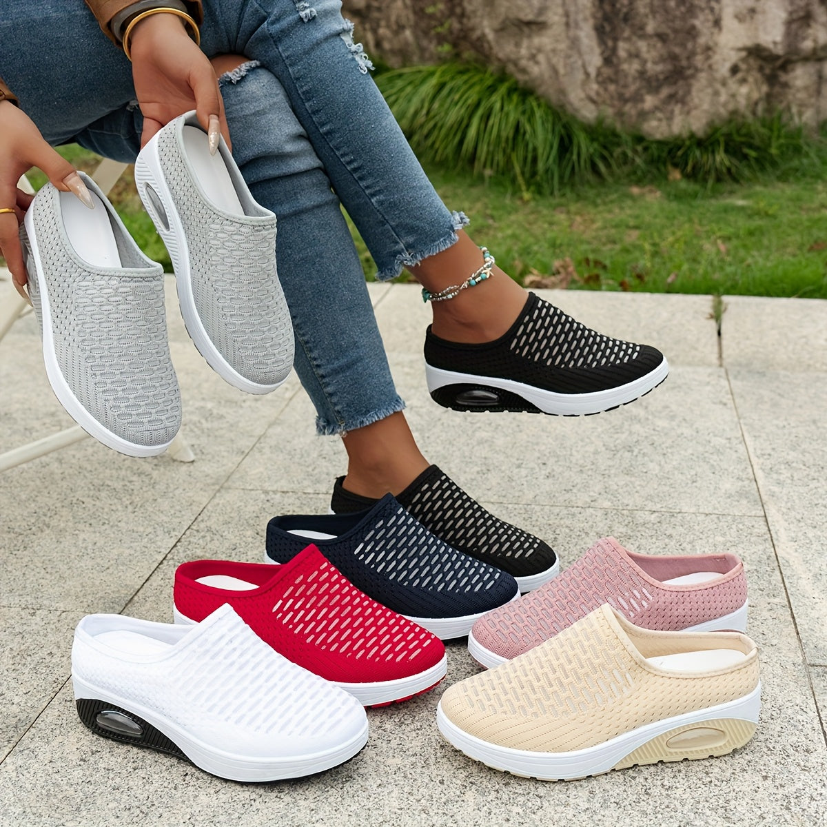 Women's Breathable Mesh Mules Lightweight Non-Slip Summer Shoes White