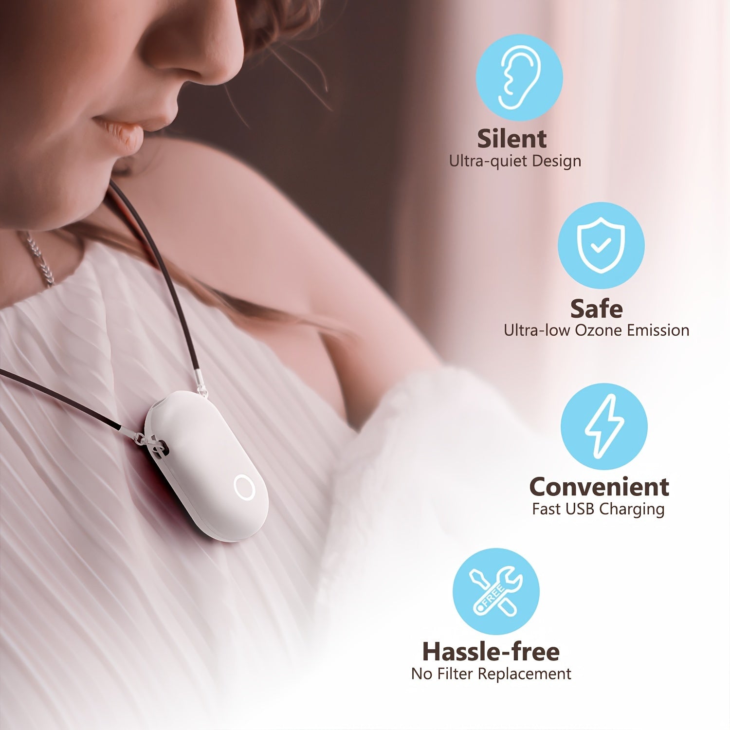 Wearable Air Purifier Necklace Rechargeable Ionic Negative Air Cleaner for Travel Home Car Pink White
