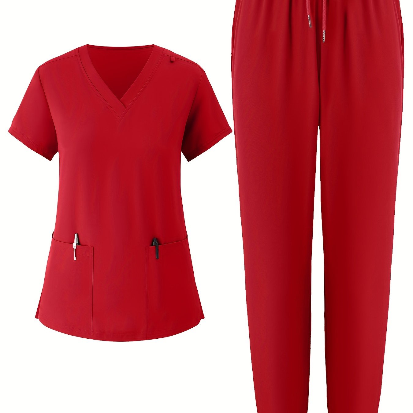 Women's V-Neck Scrub Set Solid Color Breathable Pockets All-Season Workwear