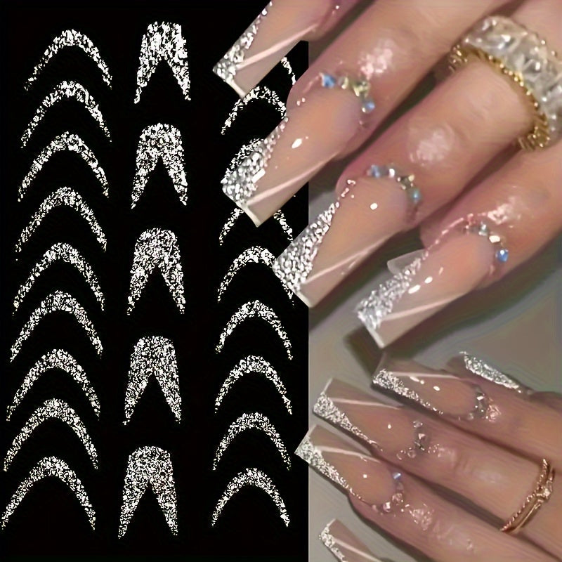 Women Glitter Nail Art Stickers Self-Adhesive French Stripe Manicure