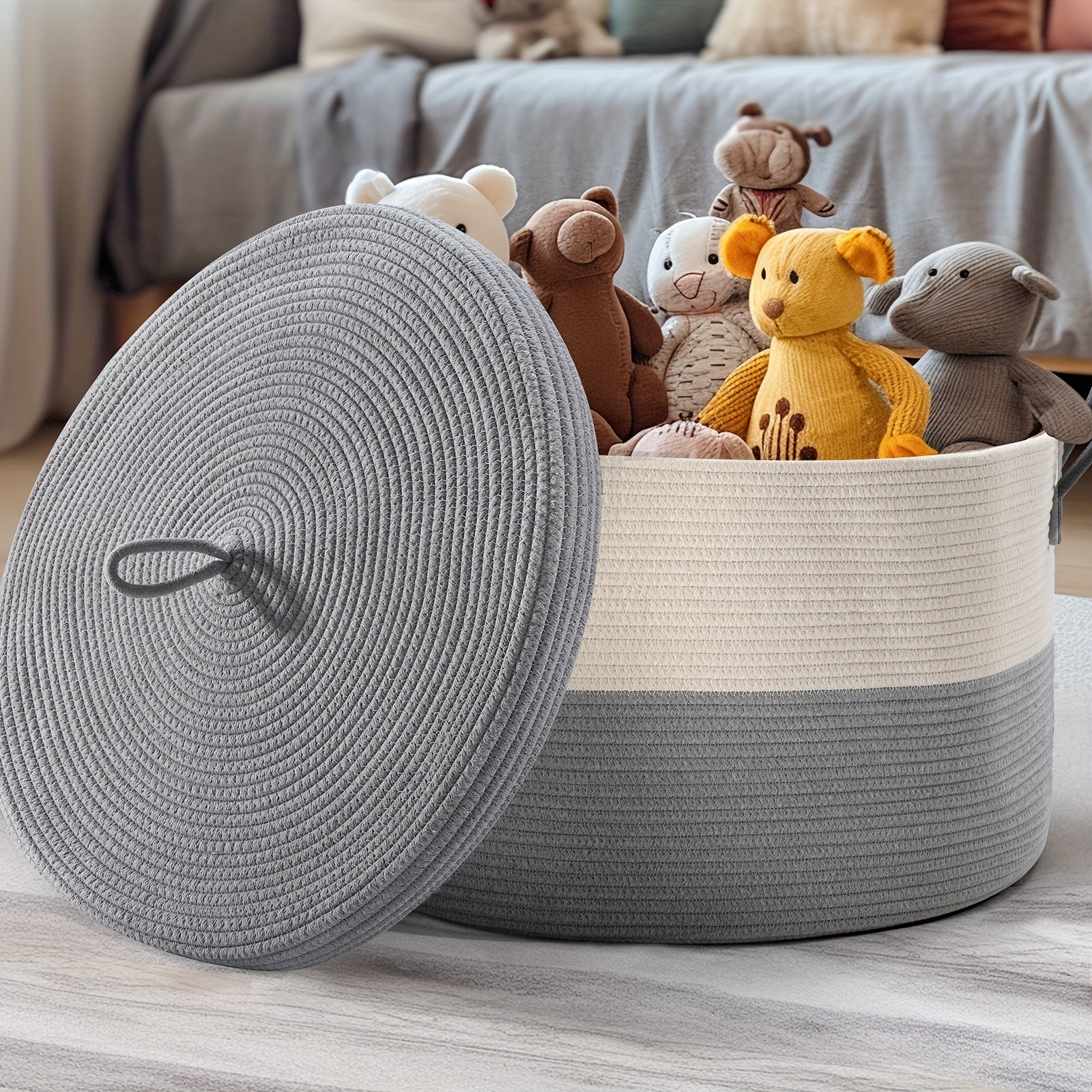 Large Rope Woven Storage Basket for Kids Toys Blankets Laundry Gray White 55cm