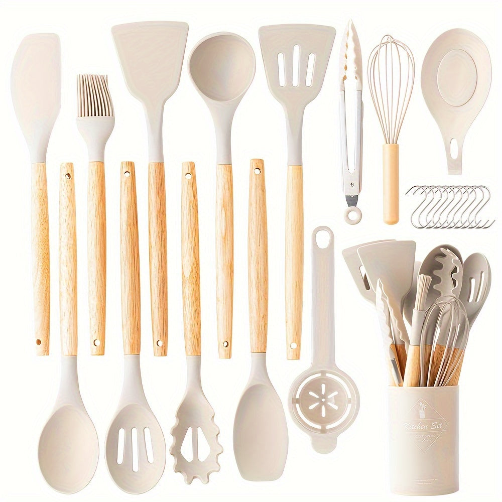 Silicone Kitchen Utensil Set 24 Pieces with Wooden Handles for Cooking Baking