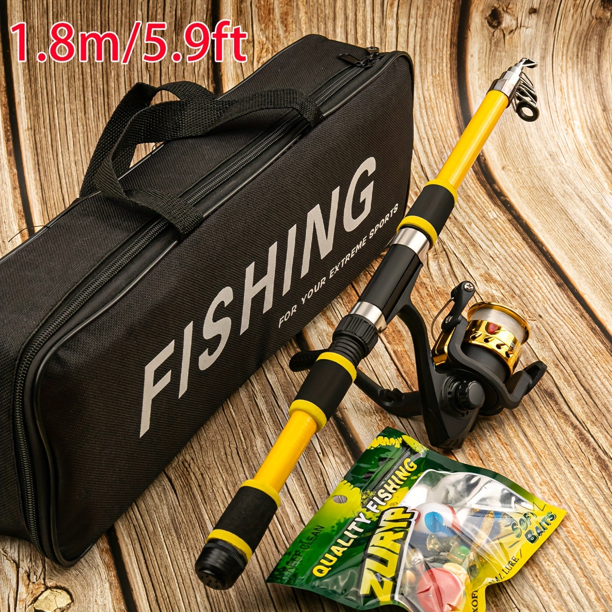 Telescopic Fishing Rod and Reel Combo with Soft Bait Set, Carry Case, Medium Fast Action, Fiberglass, Yellow