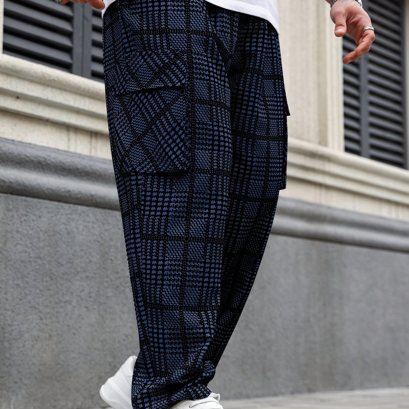 Men's Plus Size Casual Straight Leg Pants Striped Polyester Loose Fit Street Style
