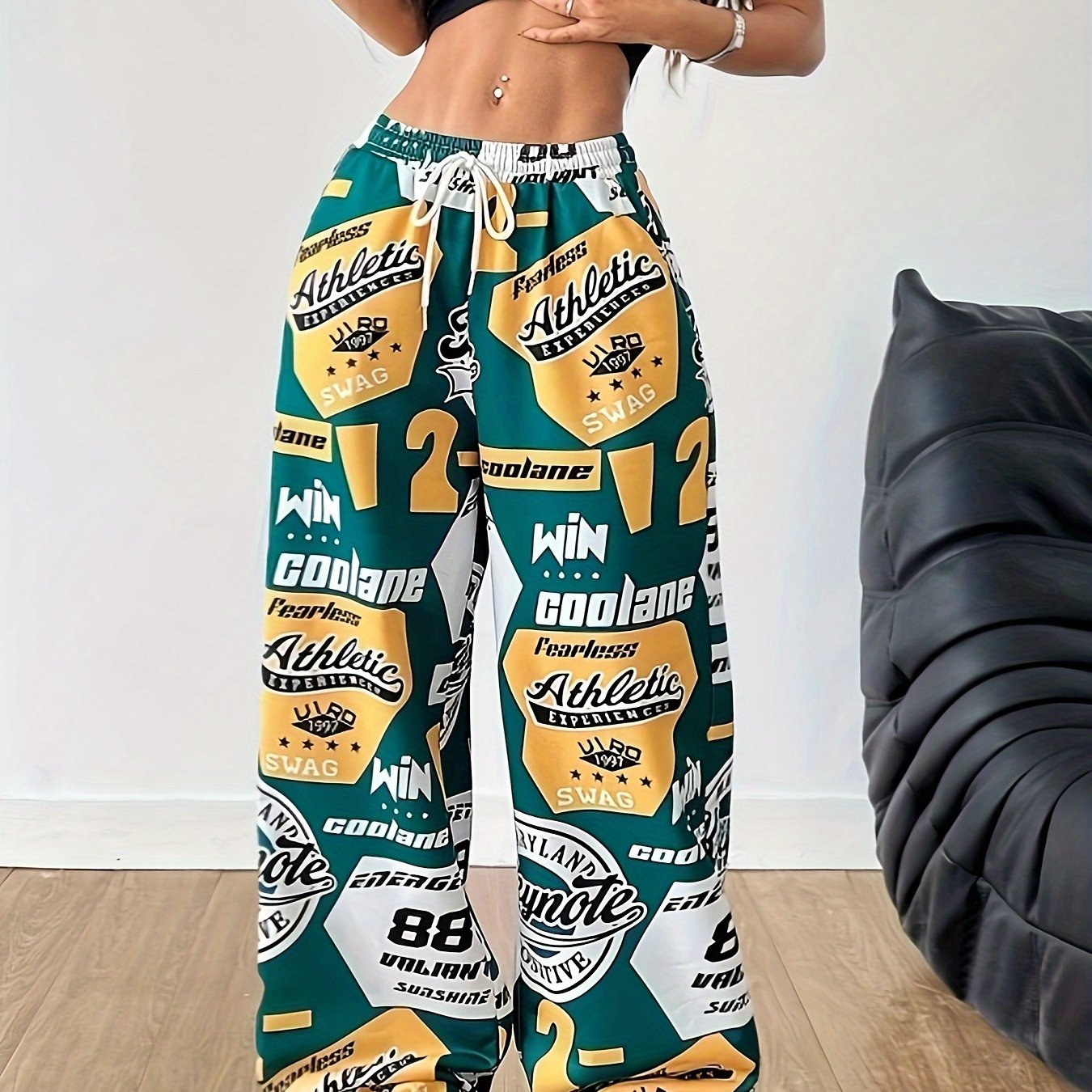 Women's Y2K Style Wide Leg Casual Soccer Pants with Letter Print Polyester Knit Drawstring Waist All-Season