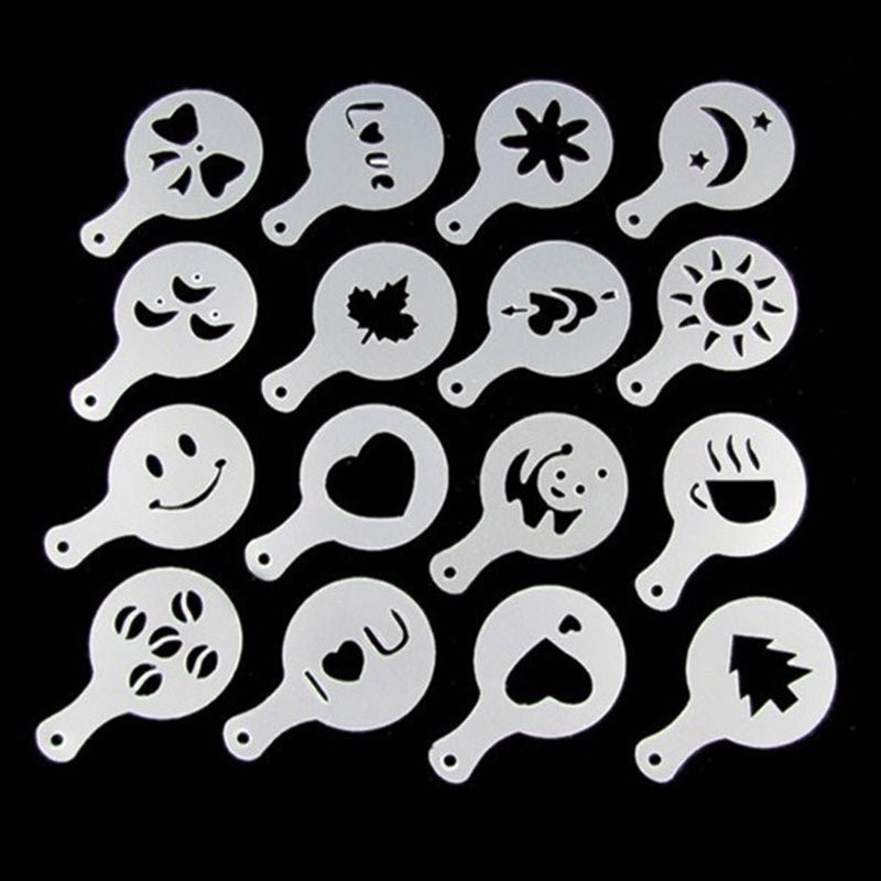Set of 16 Plastic Coffee Stencils for Latte Art, Cappuccino Decor, Cake DIY