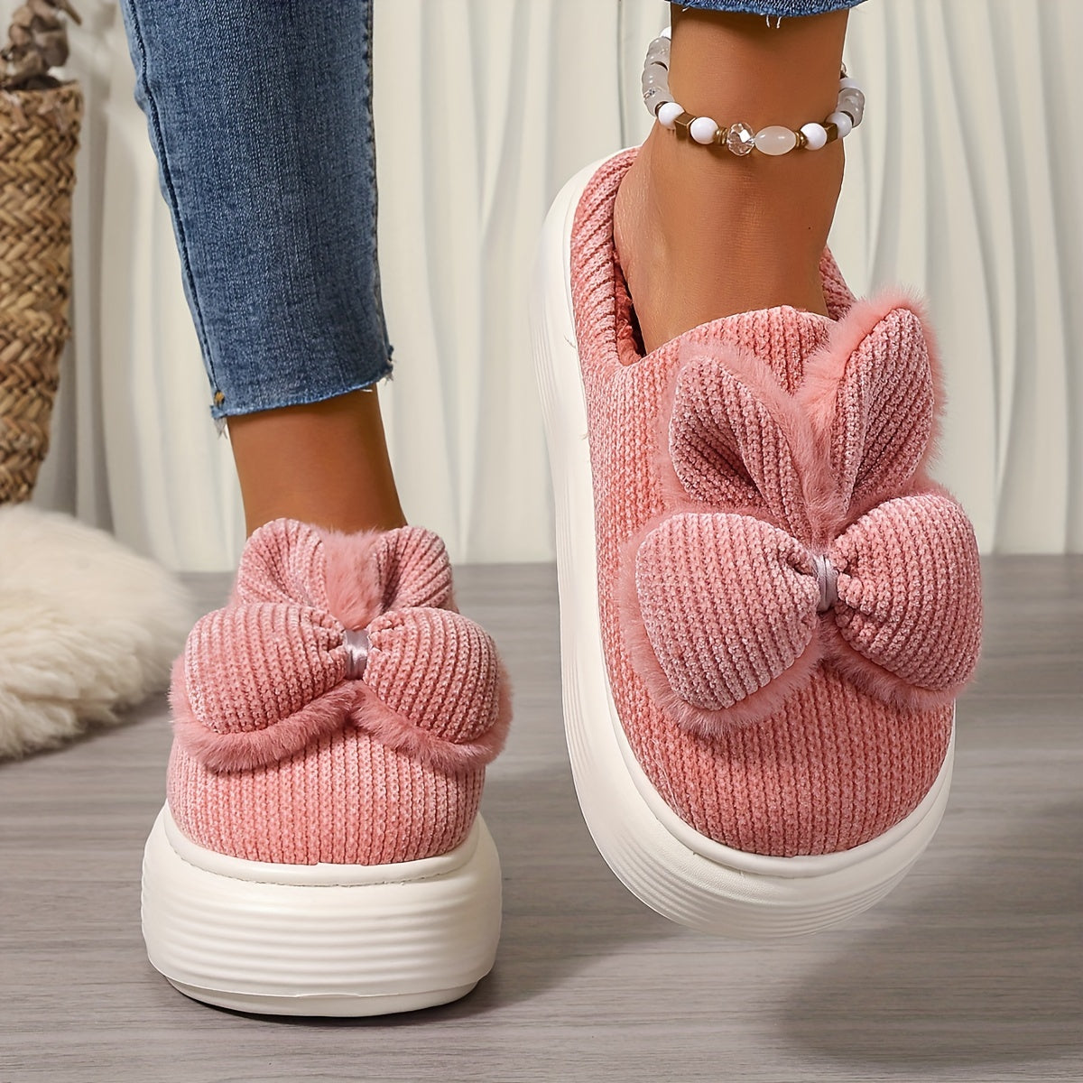 Women's Fleece-Lined Warm Slippers Non-Slip Indoor with Bows