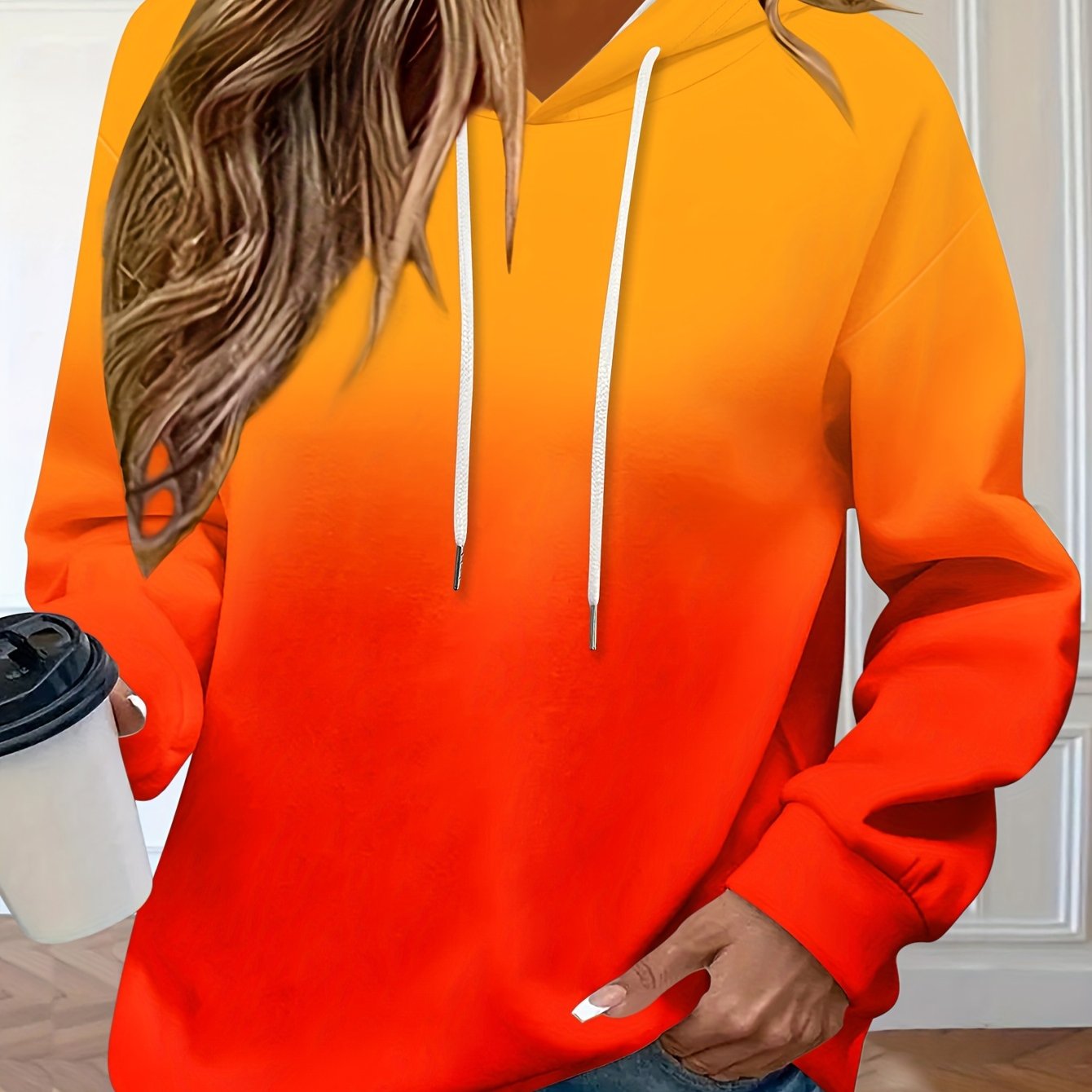 Women’s Gradient Color Printed Hoodie Long Sleeve Casual Large Size