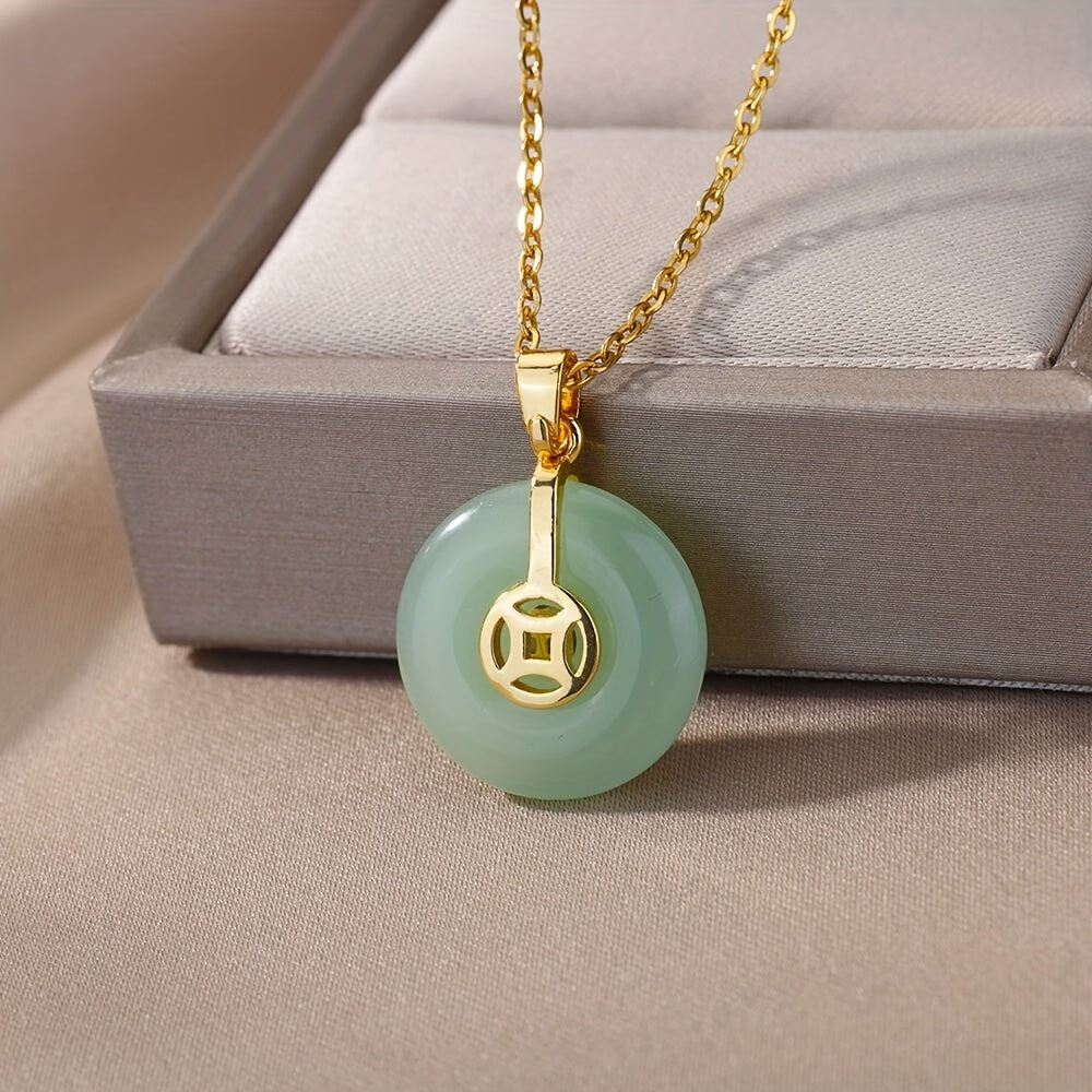 Women's Retro Chinese Style Jade Pendant Necklace with Fu Character