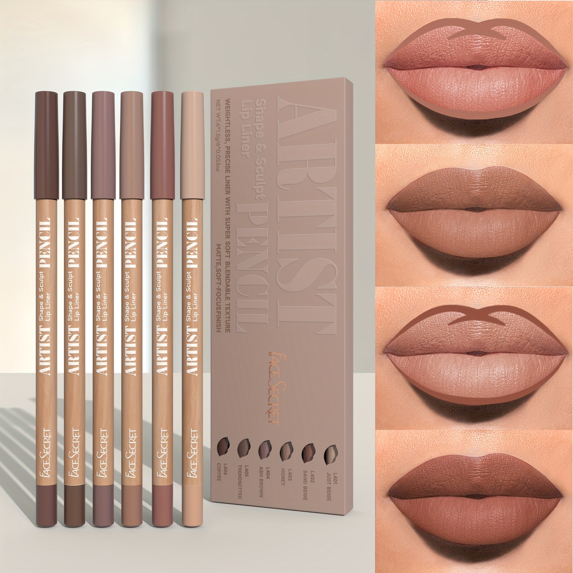 6-Piece Nude Waterproof Matte Lip Liner Set Long-Lasting Easy Application