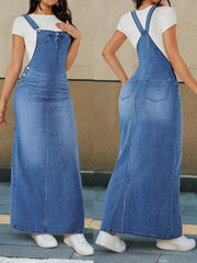 Bir nechta tugmachalari va ajratiladigan kamarlar bilan tasodifiy denim overall ko'ylagi.