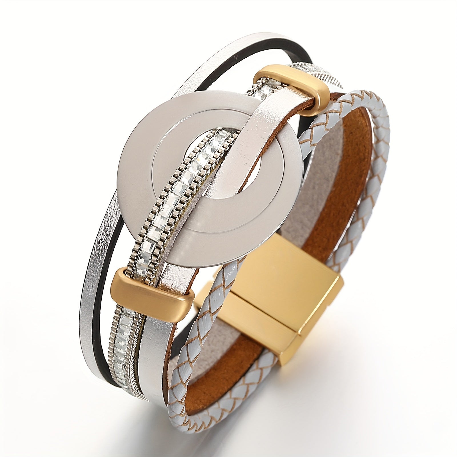 Браслет из искусственной кожи с квадратными кристаллическими бусинами и металлическим круглым кулоном - стильное украшение для рук и подарок для дам, с четырьмя слоями плетеного дизайна.