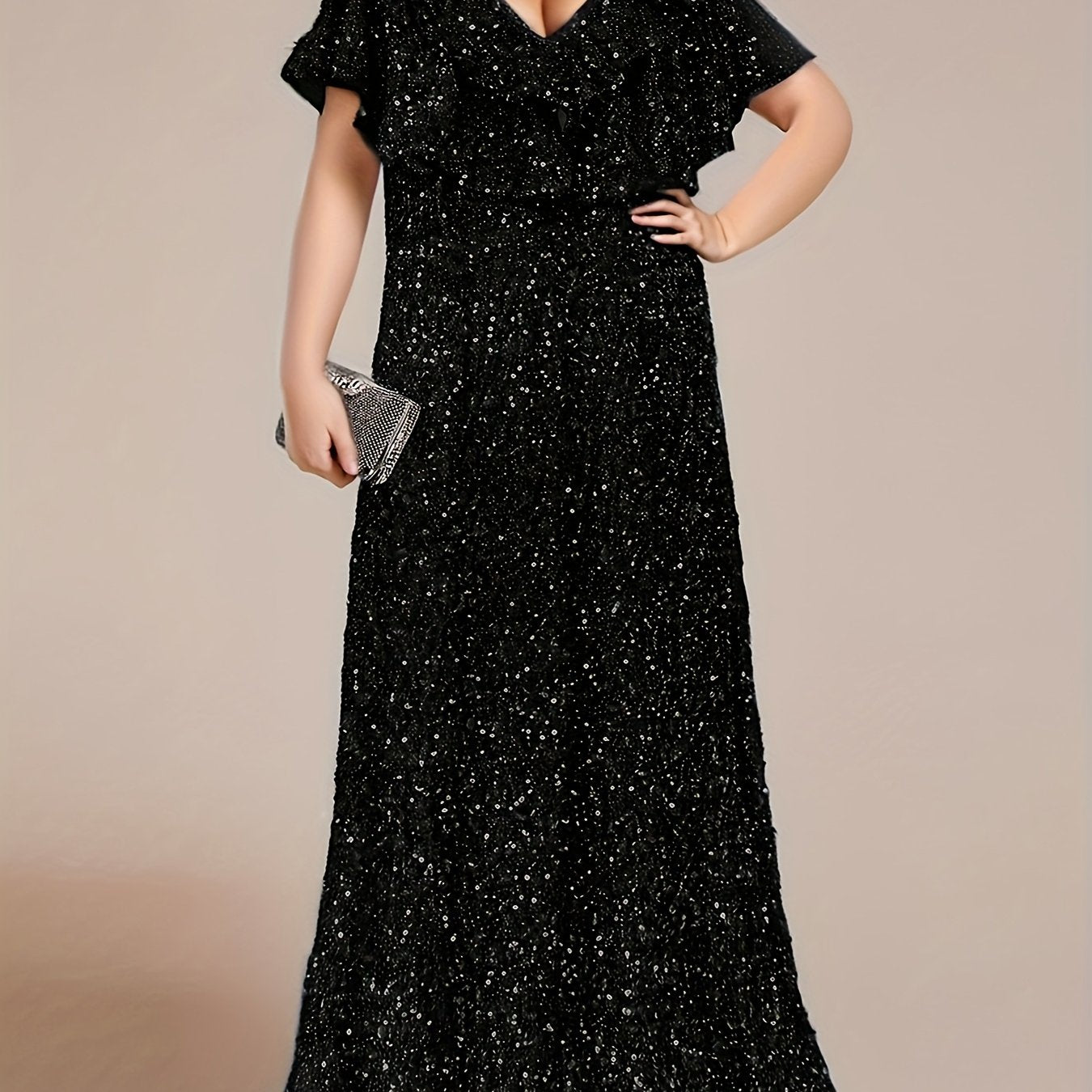 Plus Size Sequin Gown Woman V-Neck Short Sleeve Floor Length Party Dress