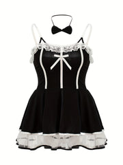 Women's Plus Size Lingerie Costume Set Black White Contrast Halter Dress