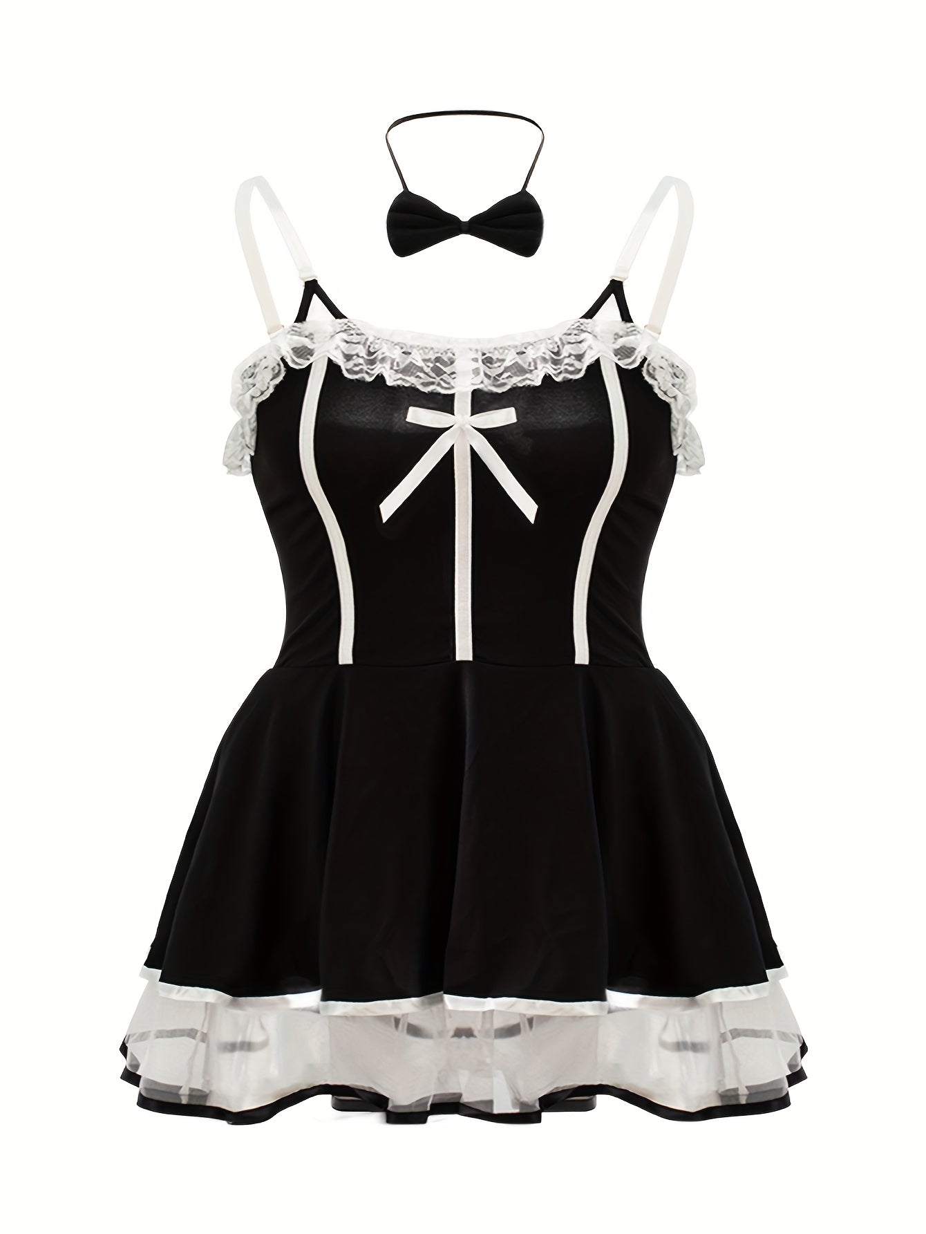 Women's Plus Size Lingerie Costume Set Black White Contrast Halter Dress