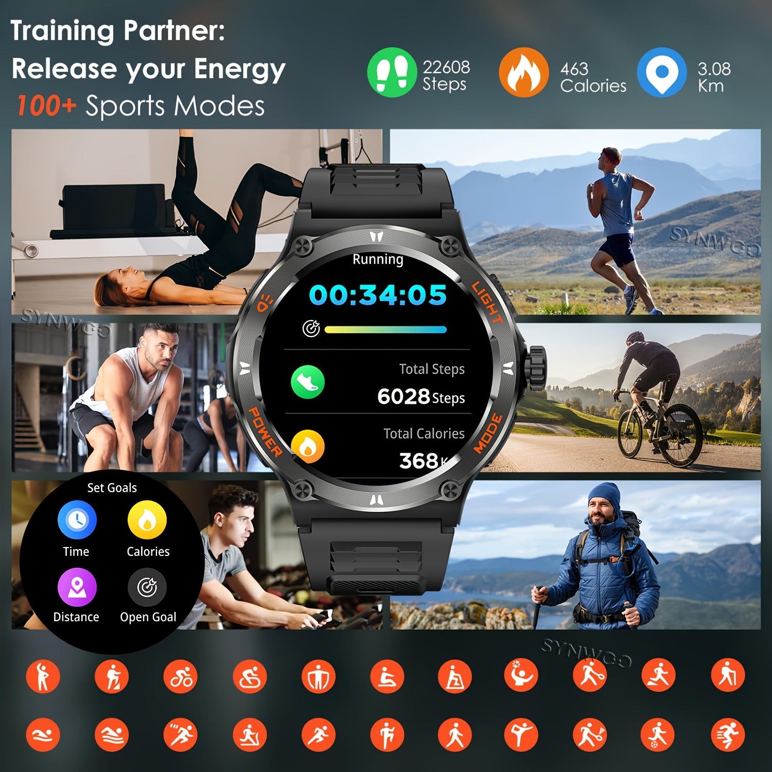 Smartwatch for Men and Women with LED Flashlight 3.89cm Display Fitness Sleep Tracker Waterproof