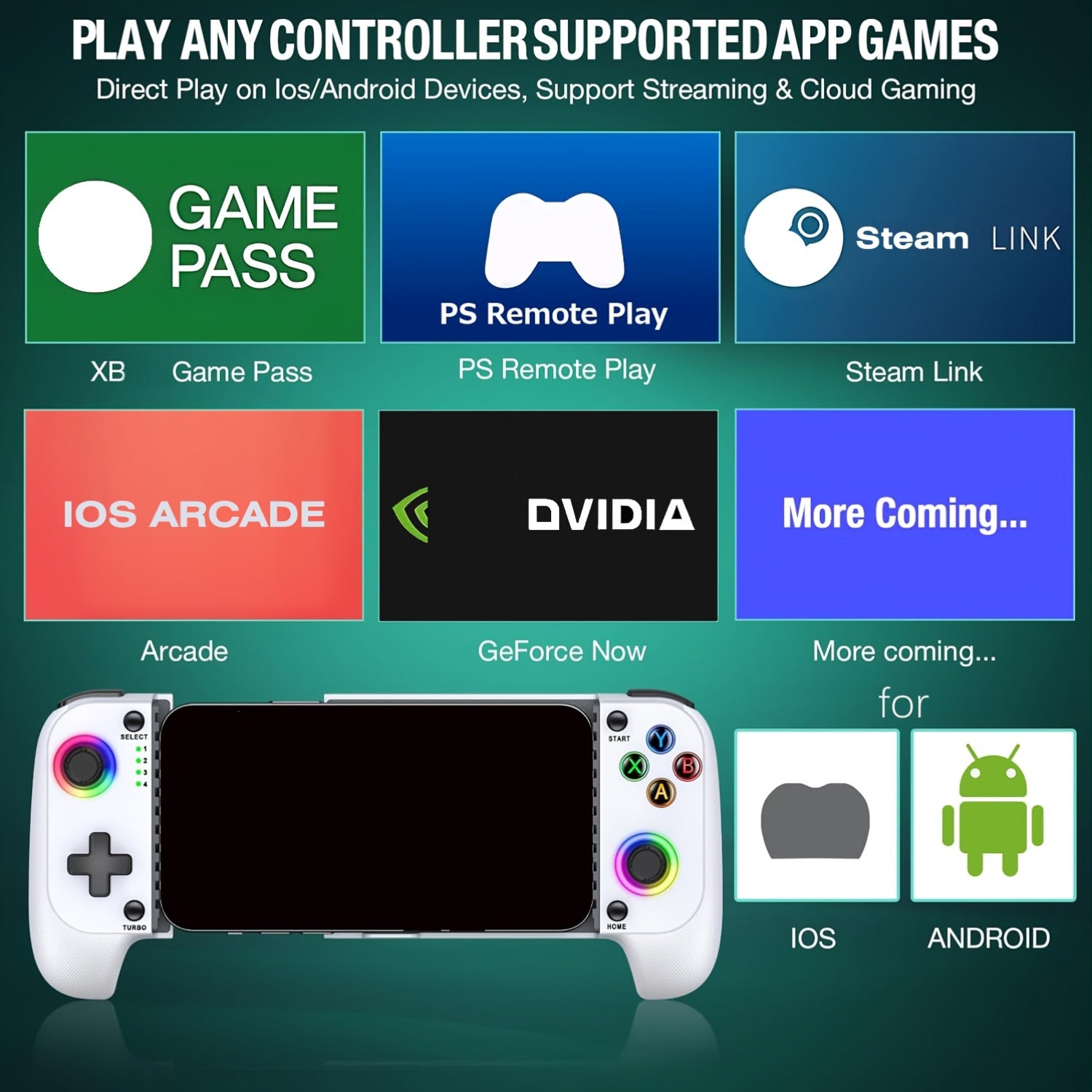 Wireless RGB Mobile Game Controller for Android iPhone Dual Hall Joysticks Streaming Remote Games Compatible with Xbox Game Pass and Apple Arcade