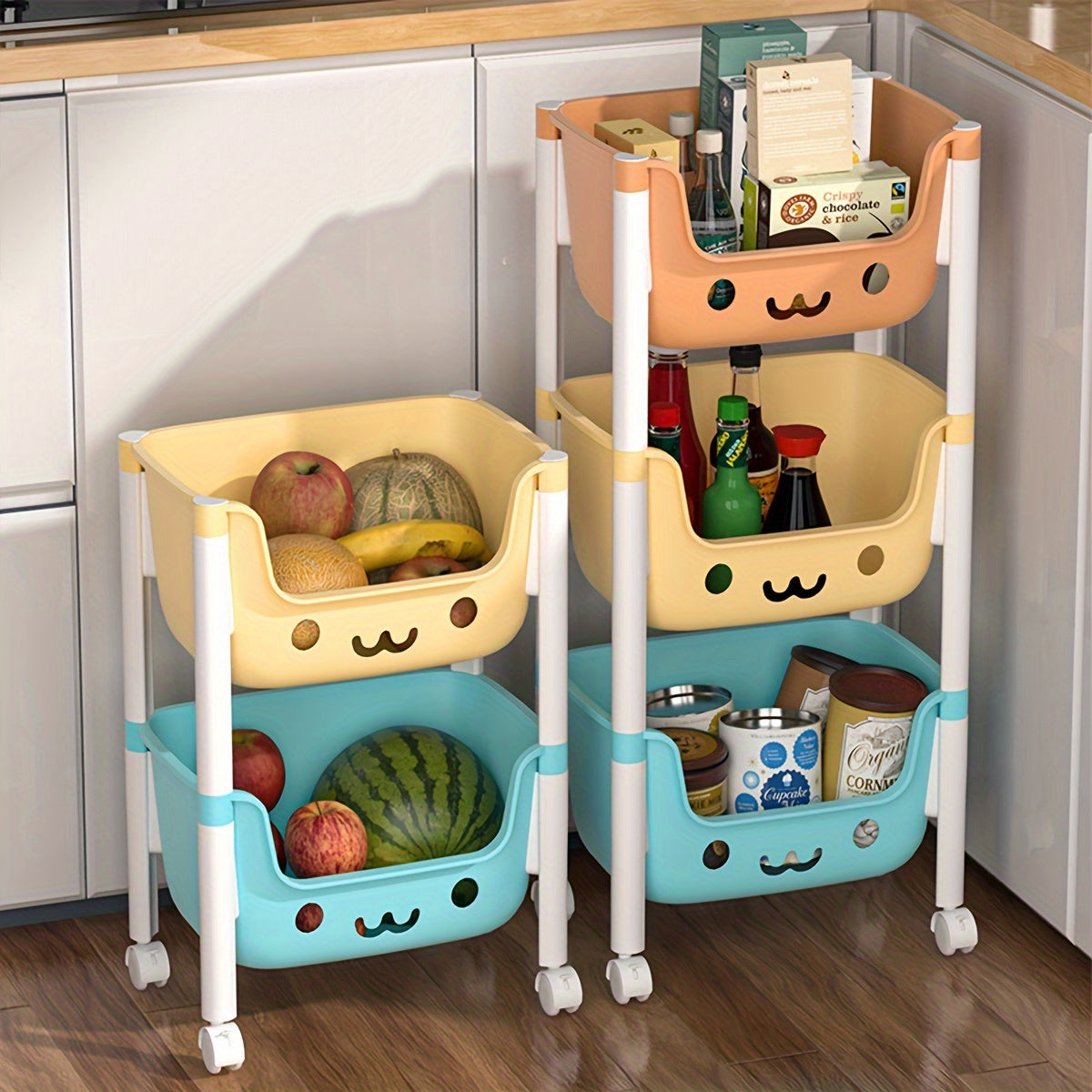 Storage Cart with Swivel Wheels for Home Organization of Snacks Toys Wipes and Books Four Tiers