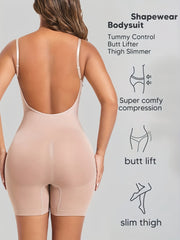 Ayollar uchun qora shovqinsiz qorin nazorati bodysuiti, tizzalarni ko'taruvchi va orqa qismi ochiq dizayni bilan