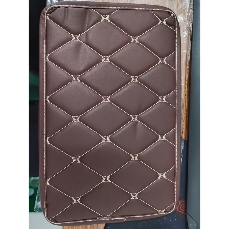 Car Armrest Cushion Leather Diamond Stitching Brown Center Console Cover Protector