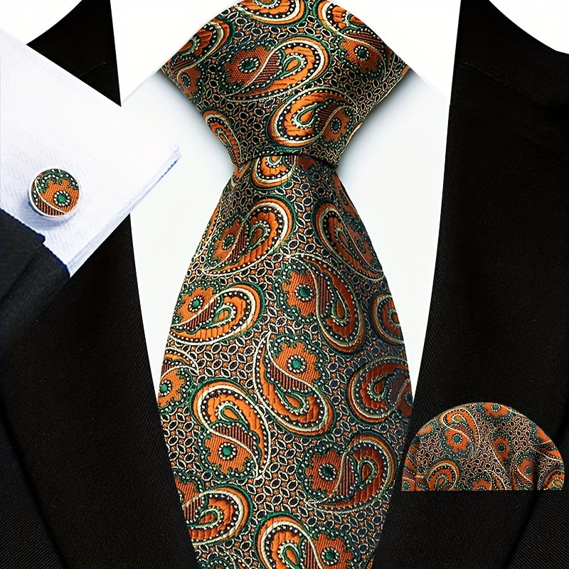 Men's Three-Piece Suit Set with Paisley Tie Pocket Towel and Cufflinks