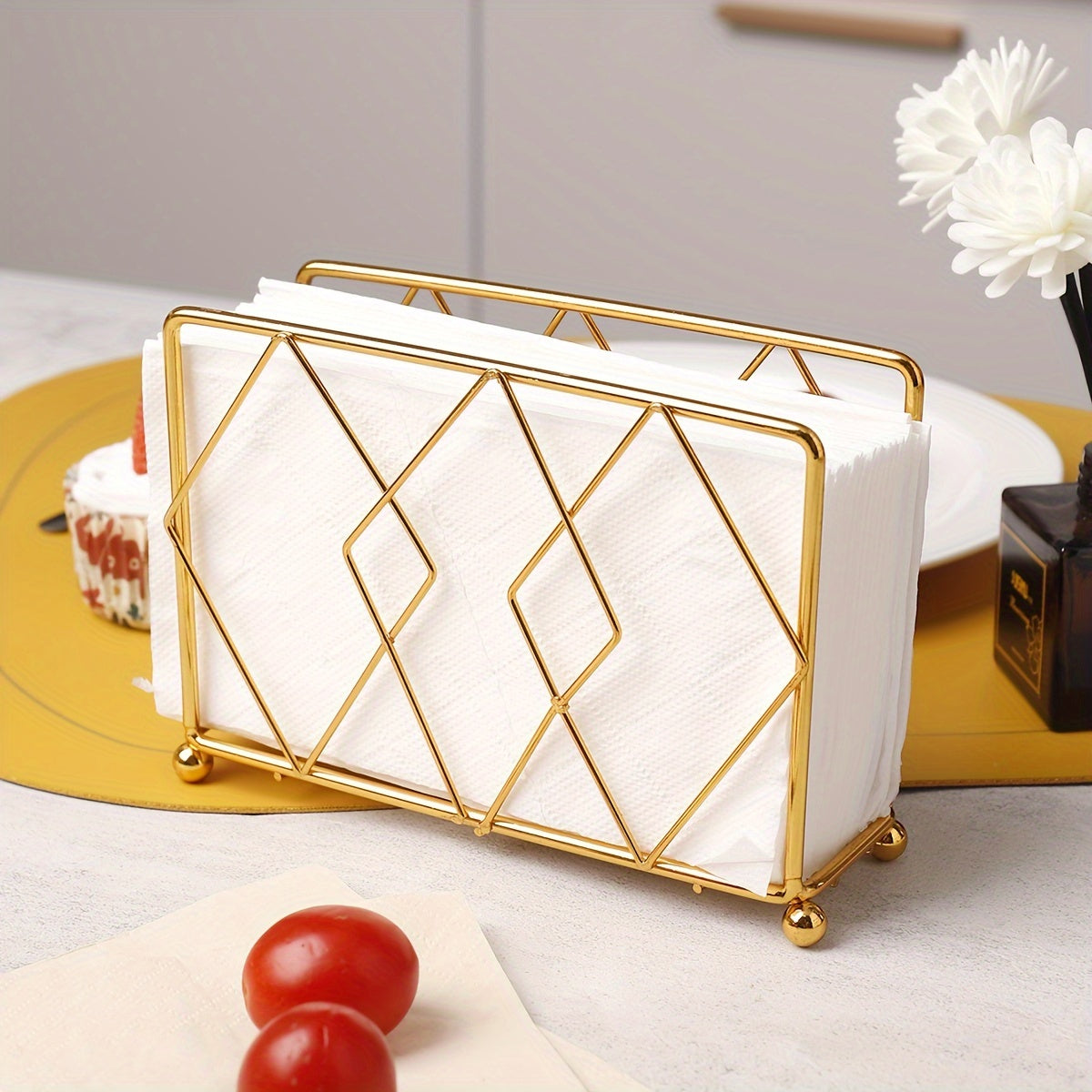 Square Metal Tissue Storage Rack with Fork and Spoon Holder for Dining Table