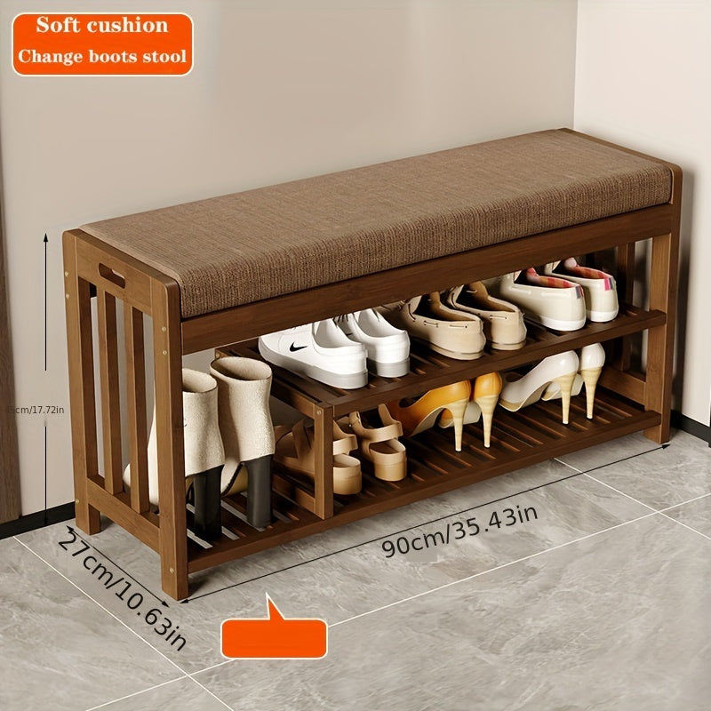 Brown Bamboo Shoe Changing Stool with Dustproof Door Entryway Organizer