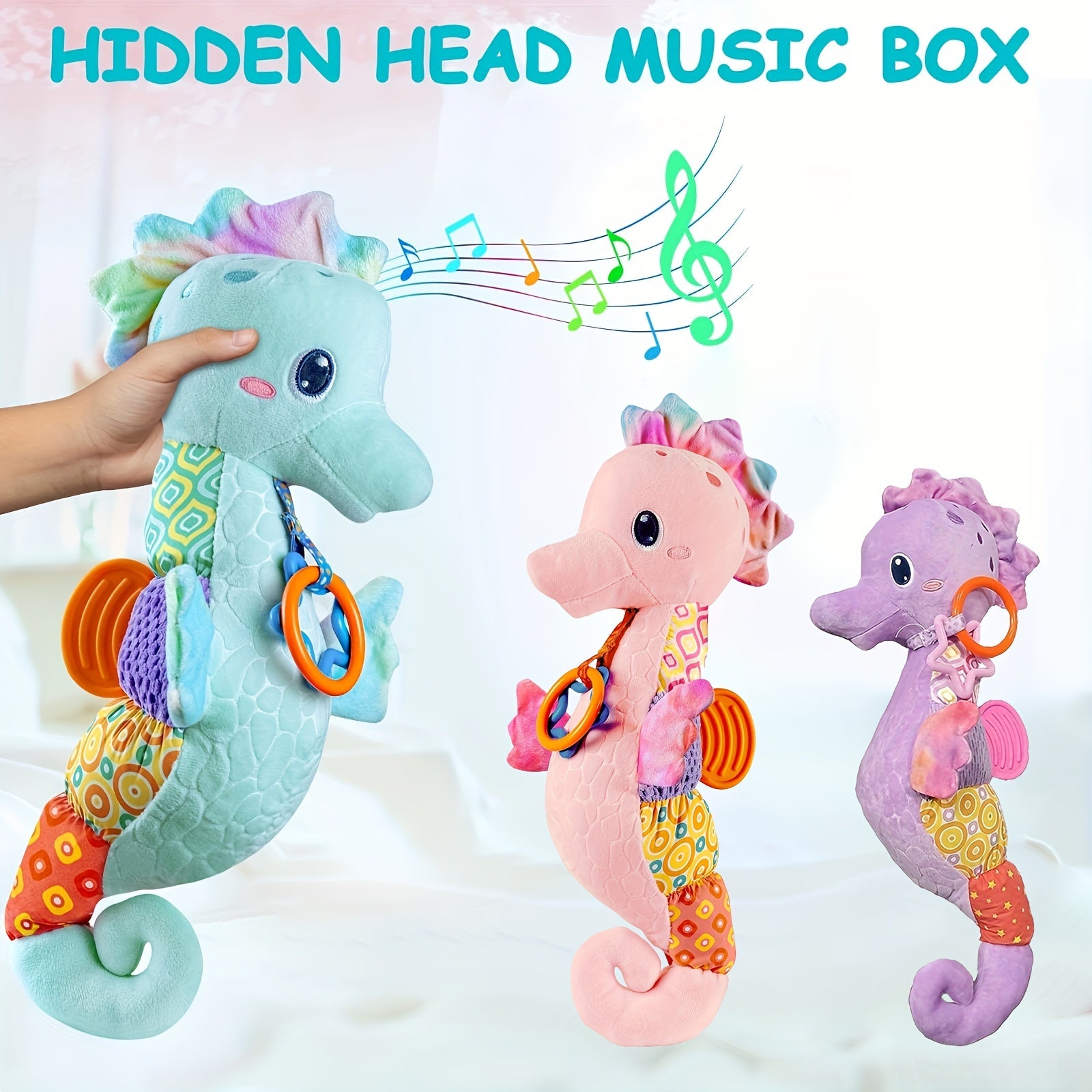 Soft Plush Seahorse Baby Toy with Music Box Squeakers and Crinkle Sound for Newborns