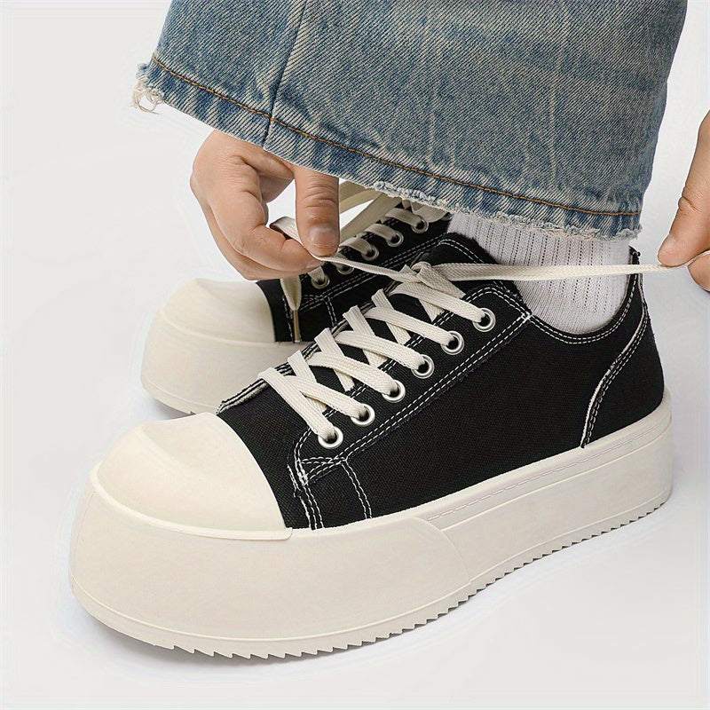 Couples Canvas Sneakers Black White Platform Lace-Up Casual Shoes