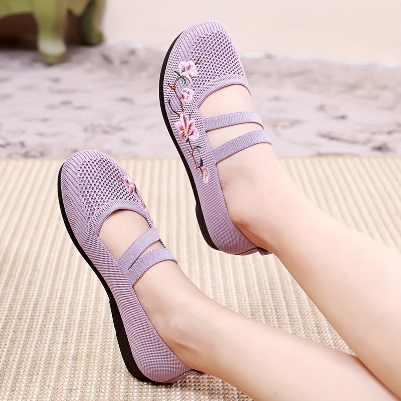 Women's Summer Casual Knit Flats Purple Red Embroidered Floral Lightweight Fabric Sole