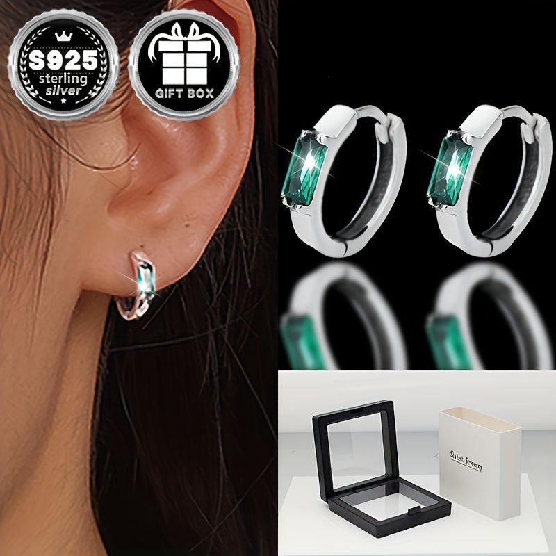 Unisex Sterling Silver Earrings with Green Zirconia Square Inlay