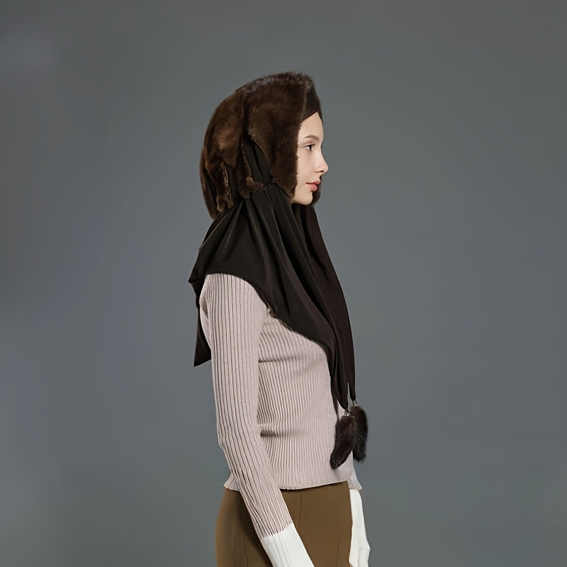 Qora rangda qizil aksentlar bilan bezatilgan zamonaviy ayollar uchun soxta mink mo'ynali sharf shlyapa, kuz/qish uchun mukammal.