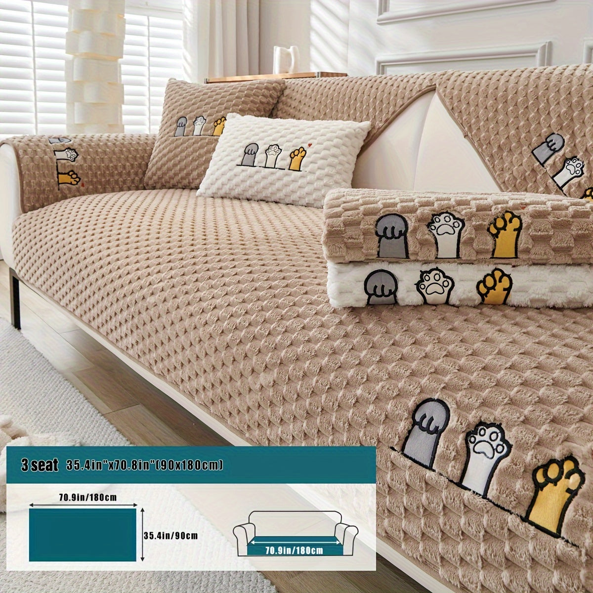 Funda de sofá de terciopelo con bordado de perro de dibujos animados, antideslizante, de felpa gruesa, protector de muebles