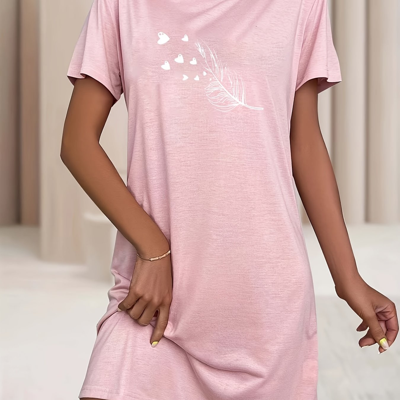 Women's Heart Pattern Sleep Dress Soft Stretchy Short Sleeve Nightgown