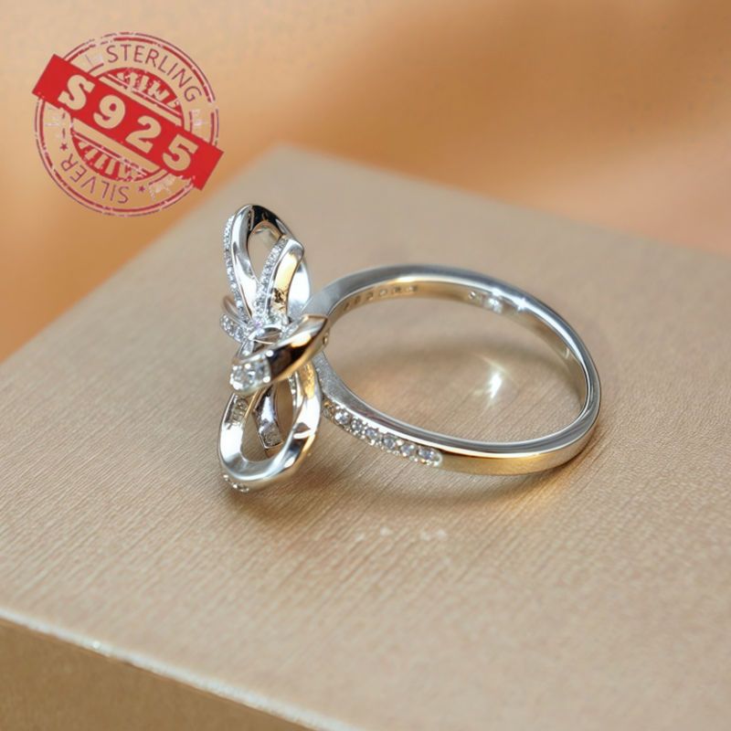 Sterling Silver Ribbon Bow Tie Ring with Zirconia for Birthdays and Weddings