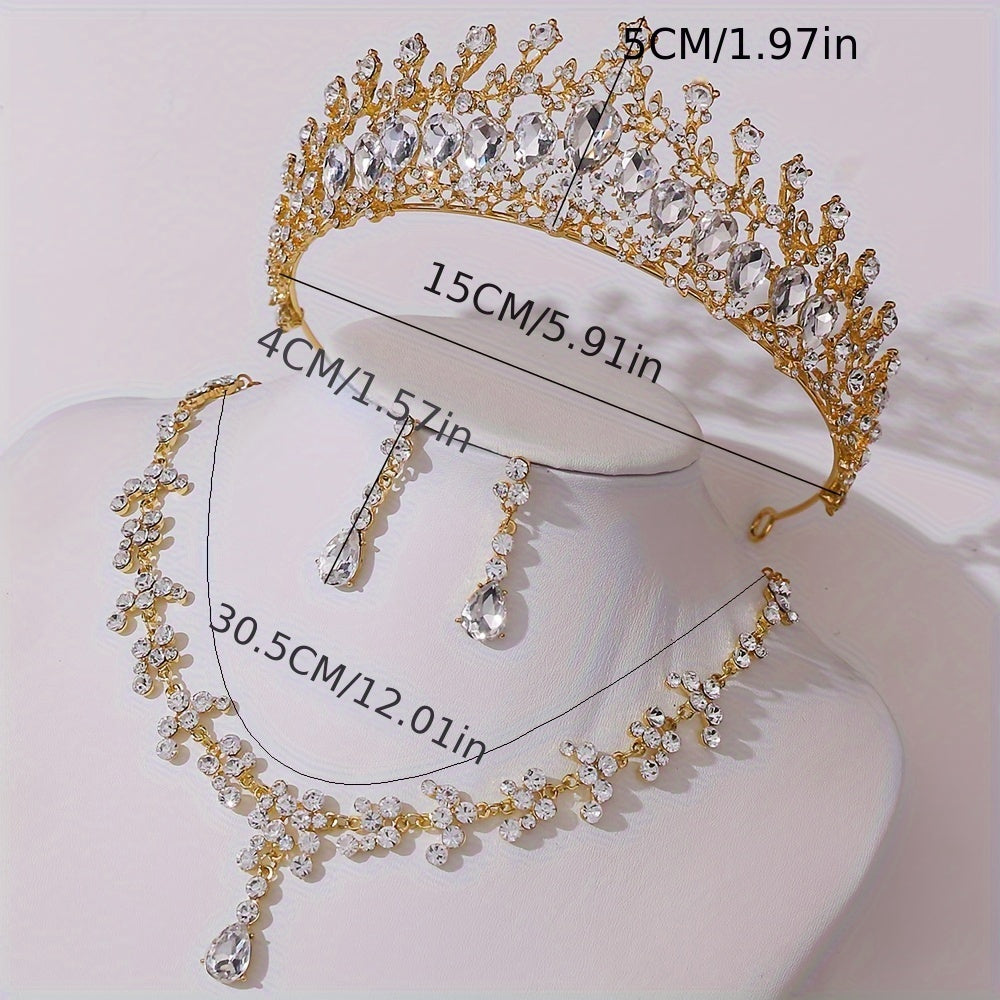 To'ylar uchun Bridal Rhinestone Crown Jewelry Set Tiara Necklace Earrings