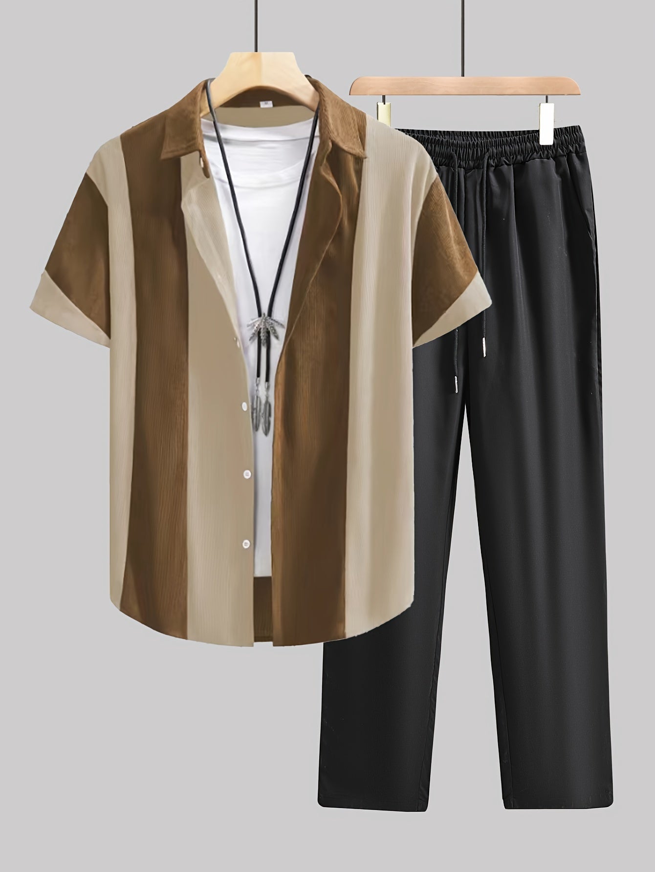 Men's Casual Color Block Striped Short Sleeve Shirt and Drawstring Pants Set