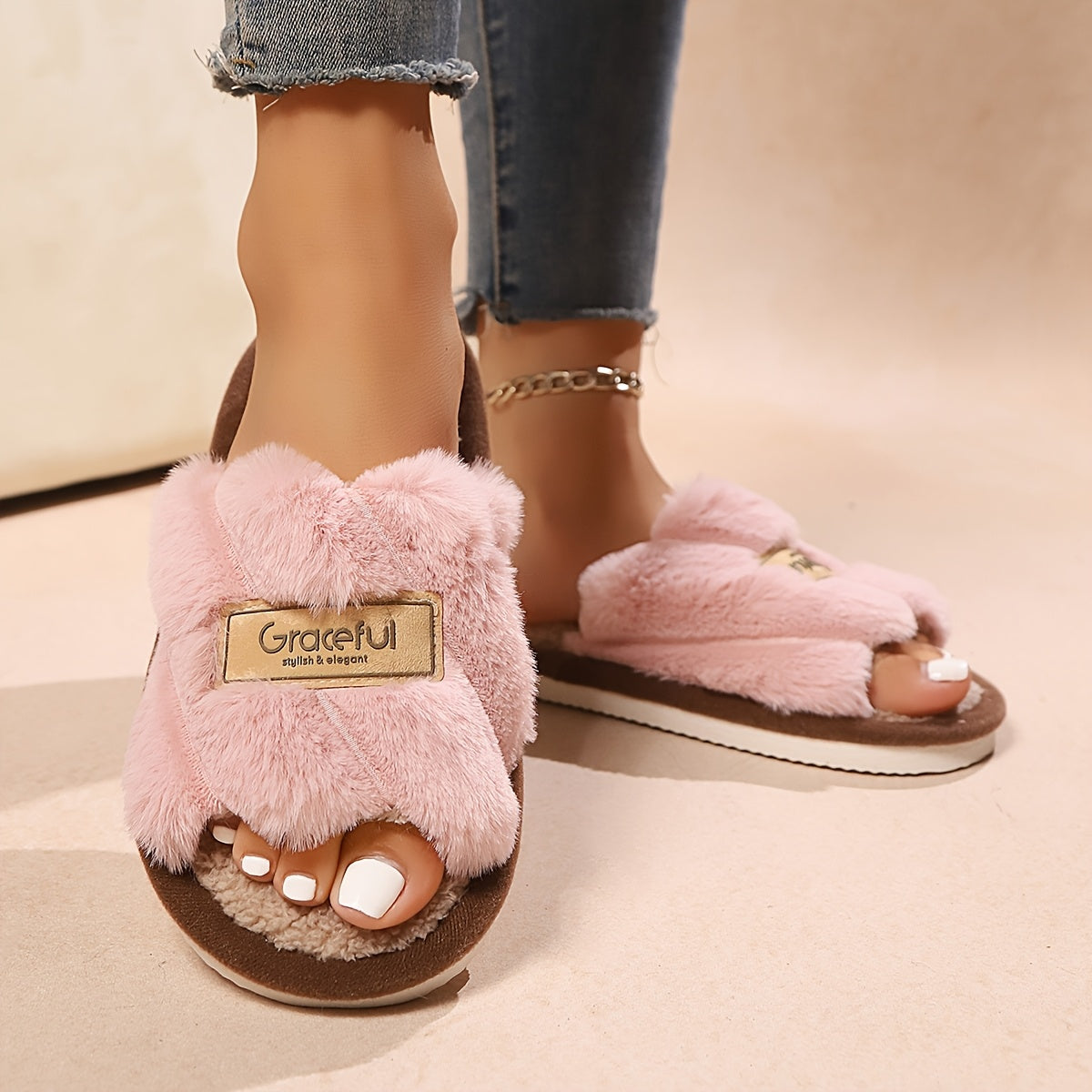 Women's Fluffy Faux Fur Open-Toe House Slippers Soft PVC Sole Indoor Footwear