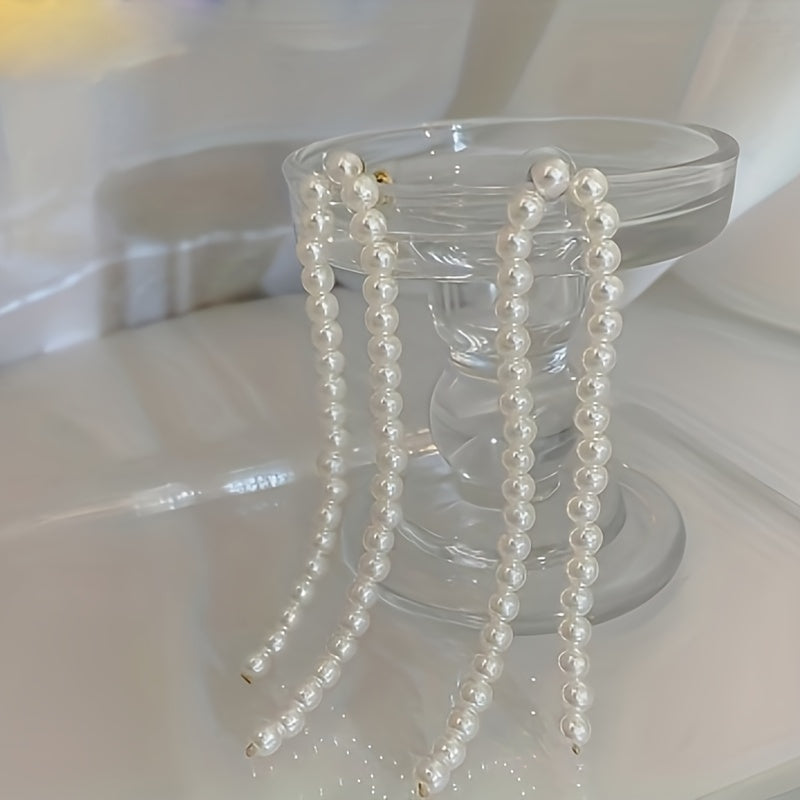 Sterling Silver Tassel Drop Earrings with Imitation Pearl for Women