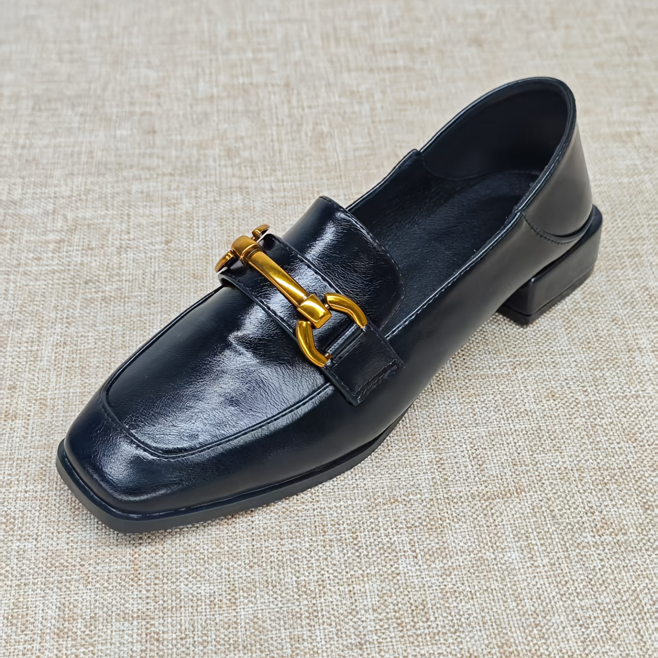 Women's Vintage Black Loafers Flat Shoes Penny Buckle Square Toe