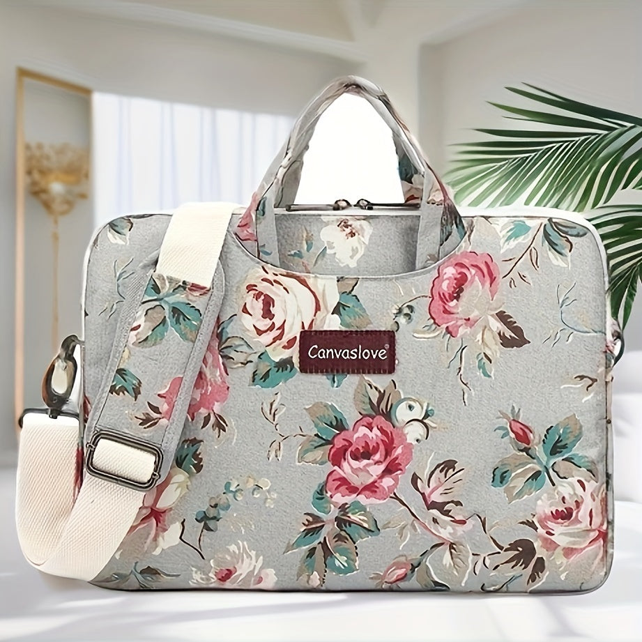 Water-Resistant Canvas Laptop Bag with Rose Pattern and Adjustable Shoulder Strap