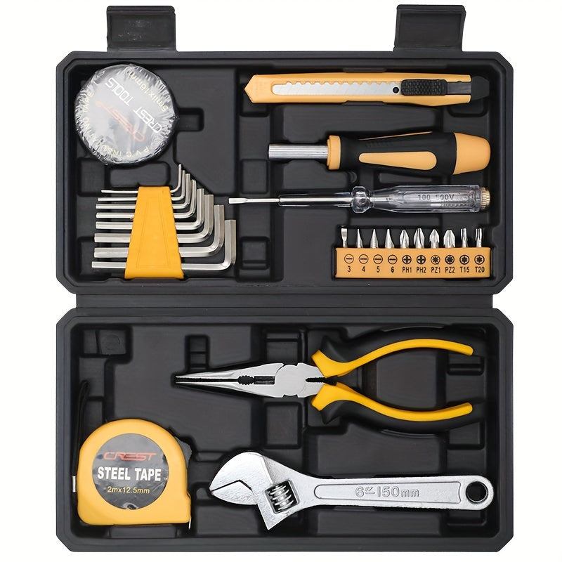 25/26 Piece Household Hand Tool Set with Yellow Plastic Toolbox for DIY and Home Repairs